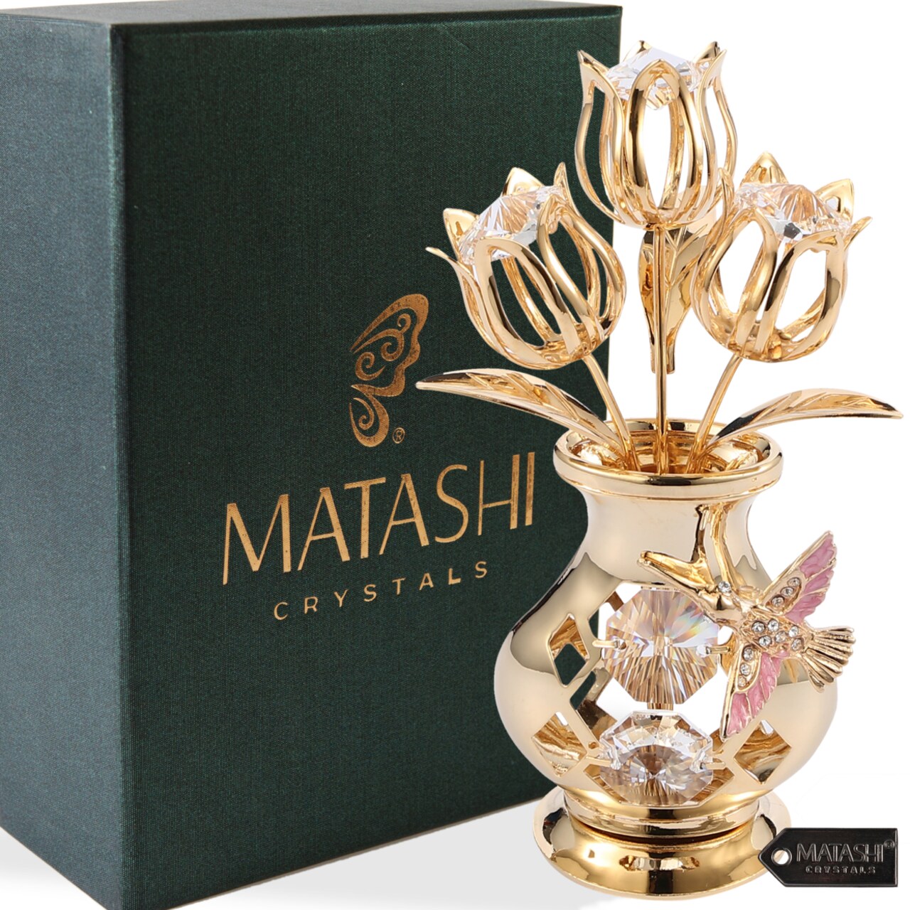Matashi 24K Gold Plated Crystal Studded Flower Ornament In Vase W/ Decorative Hummingbird Tabletop Gift For Mothers Day